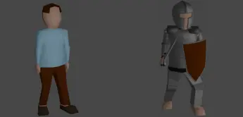 A player without equipment and a player with full armor, a shield and a sword.